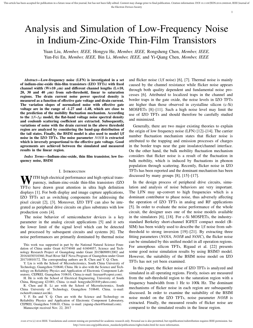 (PDF) Analysis and Simulation of LowFrequency Noise in IndiumZinc