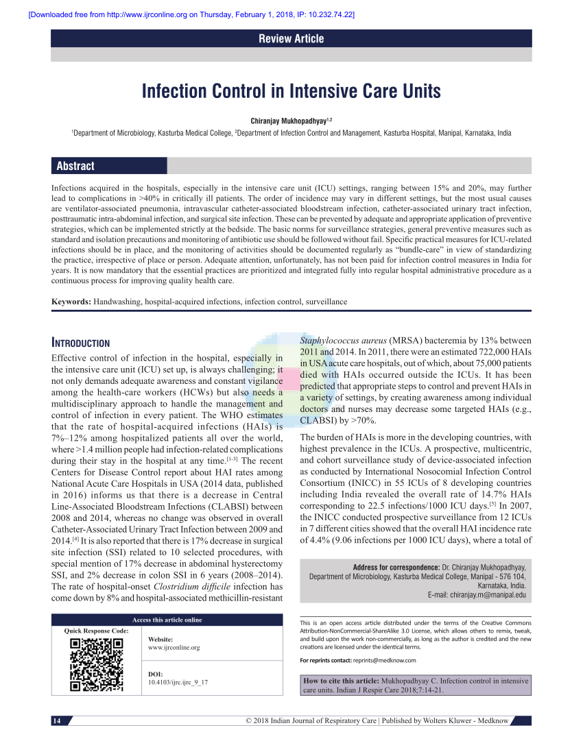 Pdf Infection Control In Intensive Care Units