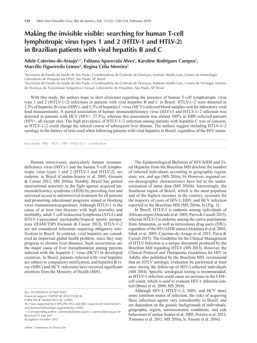 Pdf Making The Invisible Visible Searching For Human T Cell Lymphotropic Virus Types 1 And 2 Htlv 1 And Htlv 2 In Brazilian Patients With Viral Hepatitis B And C