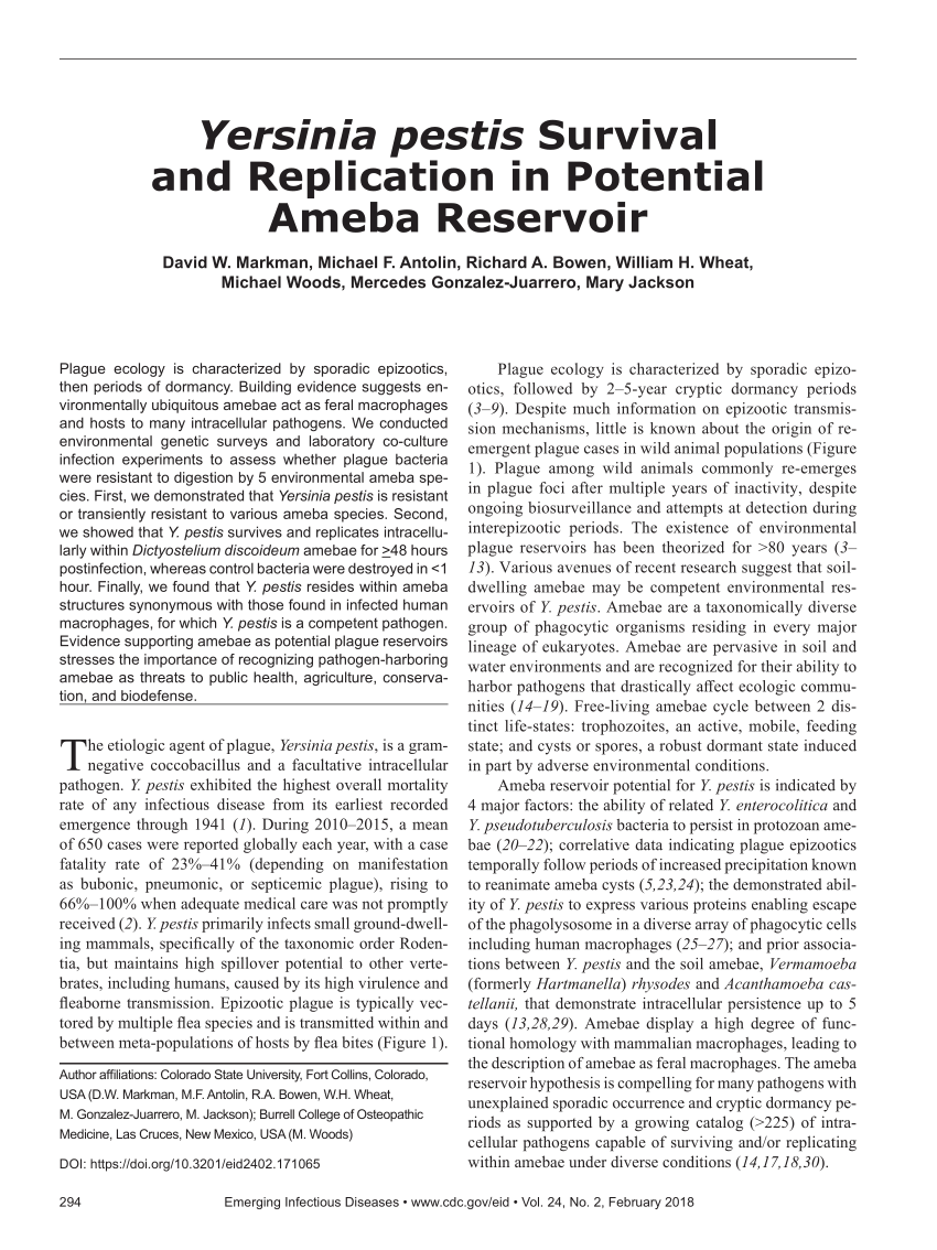 Pdf Yersinia Pestis Survival And Replication In Potential Ameba Reservoir