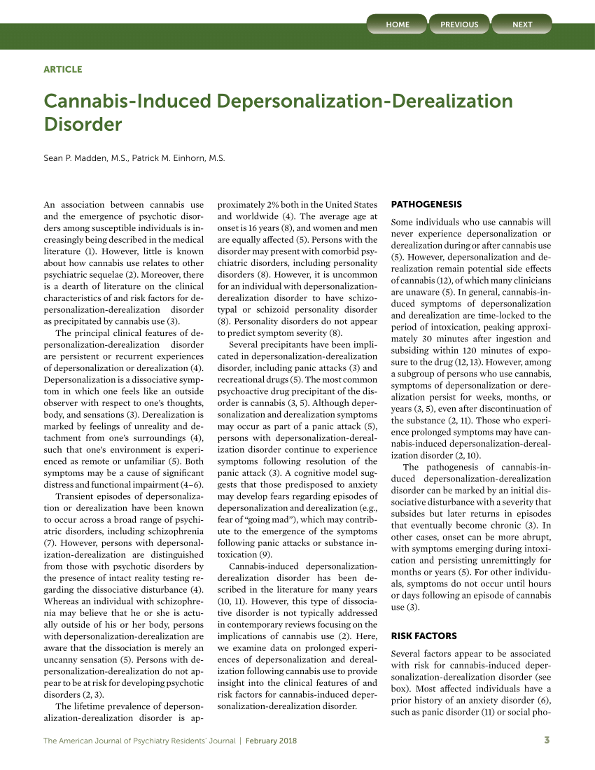 Pdf Cannabis Induced Depersonalization Derealization Disorder