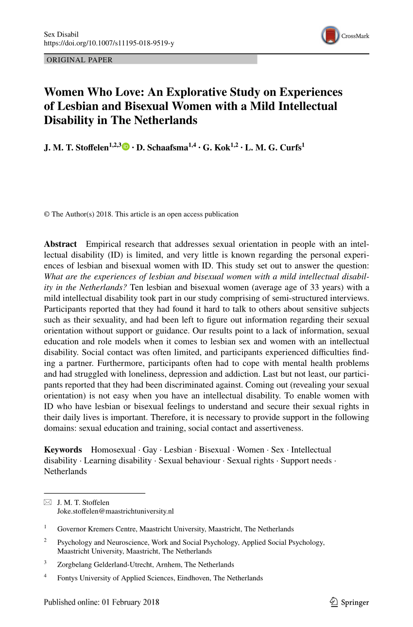 PDF) Women Who Love: An Explorative Study on Experiences of Lesbian and  Bisexual Women with a Mild Intellectual Disability in The Netherlands