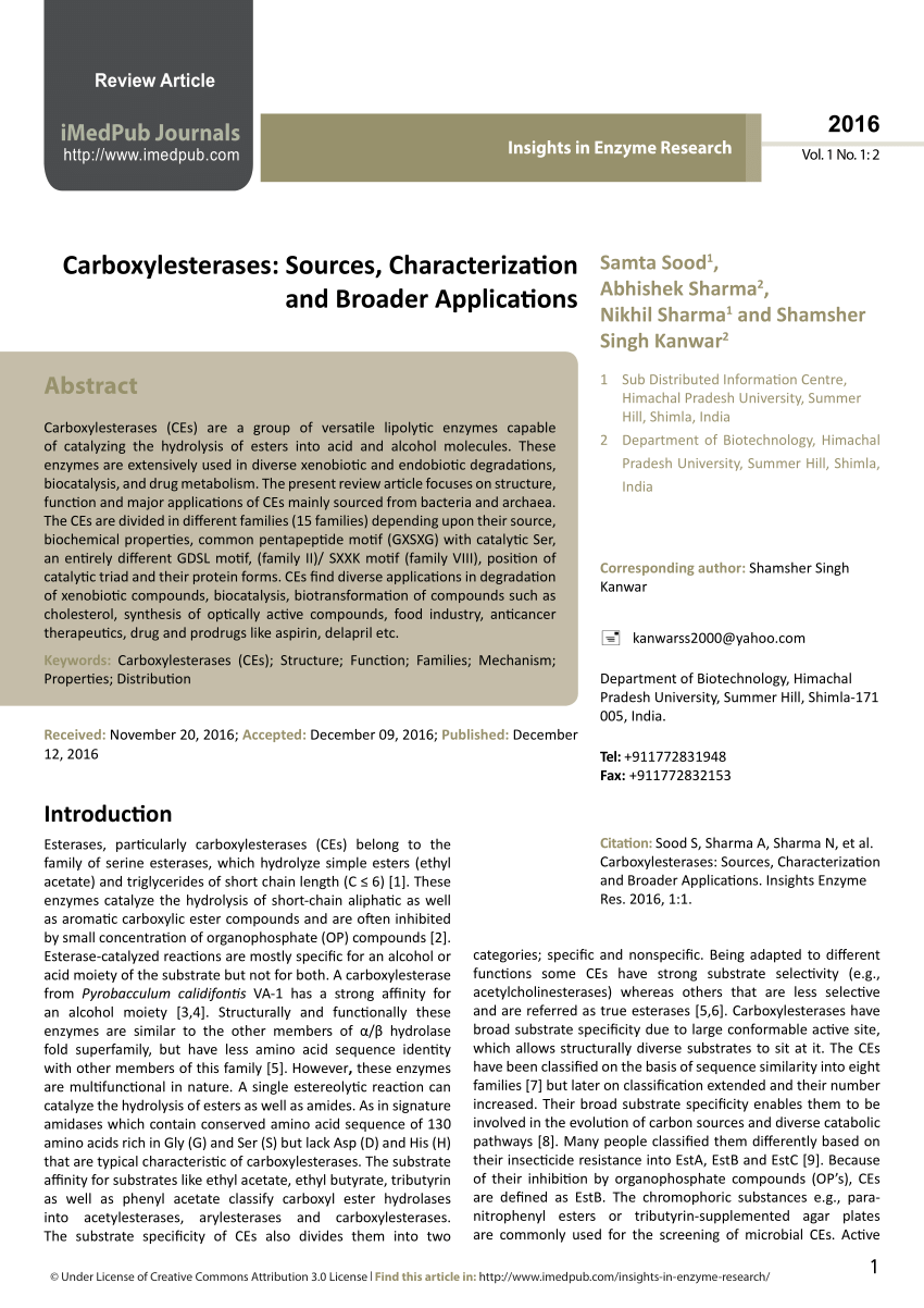 Pdf Carboxylesterases Sources Characterization And Broader Applications