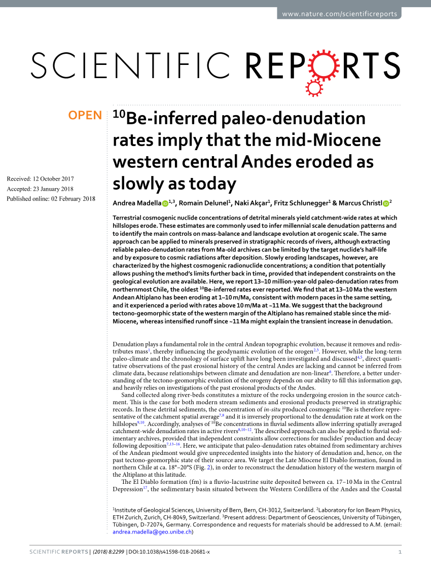 Pdf 10be Inferred Paleo Denudation Rates Imply That The Mid Miocene Western Central Andes 6959