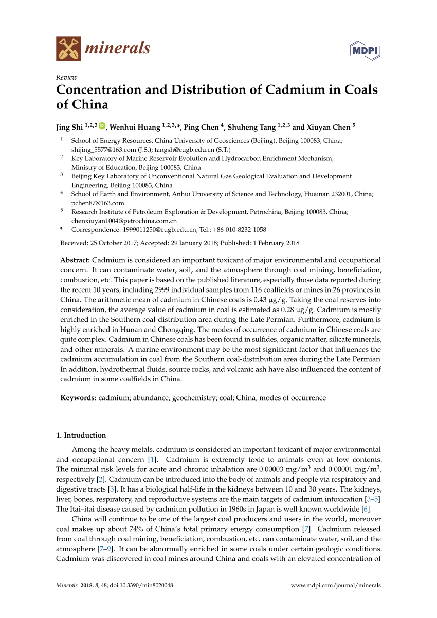 Pdf Concentration And Distribution Of Cadmium In Coals Of China - 