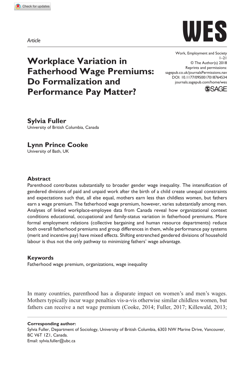 PDF) “Workplace Variation in Fatherhood Wage Premiums: Do