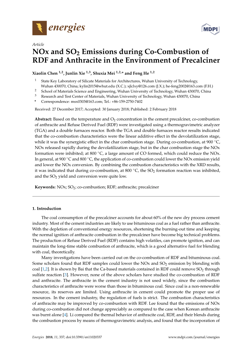 Pdf Nox And So2 Emissions During Co Combustion Of Rdf And Anthracite In The Environment Of Precalciner