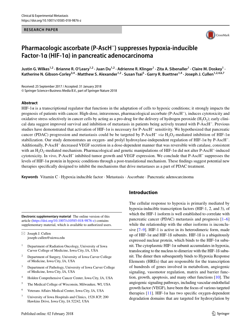 PDF) Pharmacologic ascorbate (P-AscH−) suppresses hypoxia 