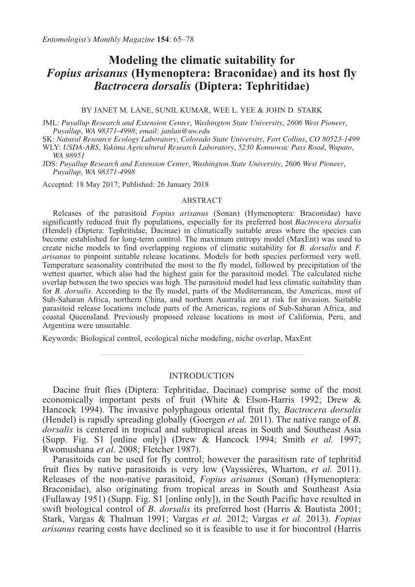 (PDF) Modeling the climatic suitability for Fopius arisanus ...
