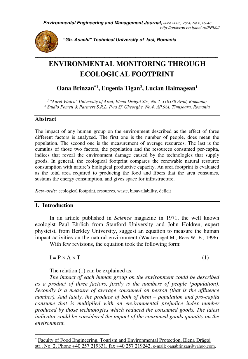 Pdf Environmental Monitoring Through Ecological Footprint