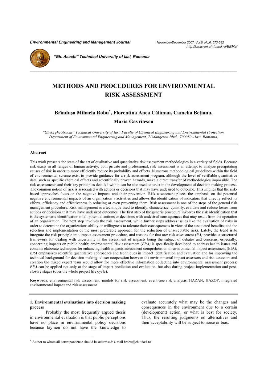 Pdf Methods And Procedures For Environmental Risk Assessment