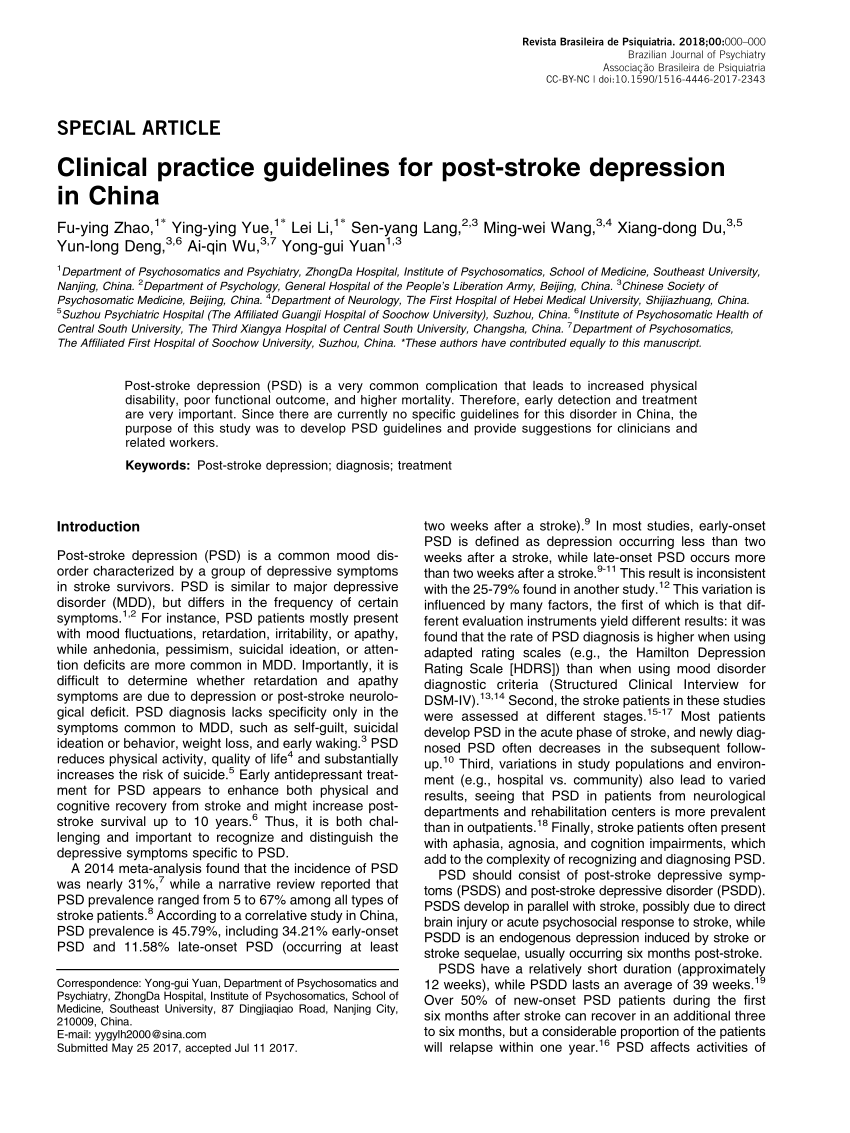 Pdf Clinical Practice Guidelines For Post Stroke Depression - 