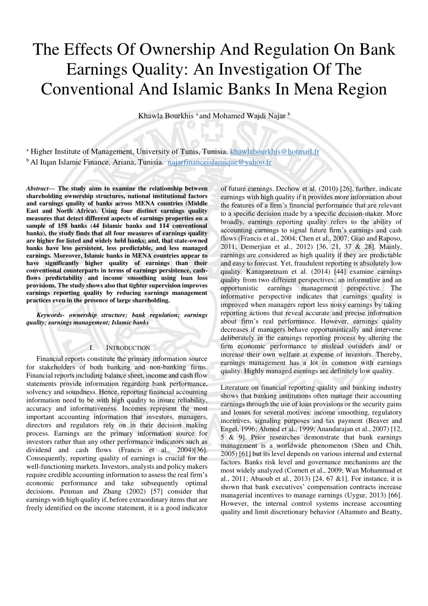 Pdf The Effects Of Ownership And Regulation On Bank Earnings Quality An Investigation Of The Conventional And Islamic Banks In Mena Region