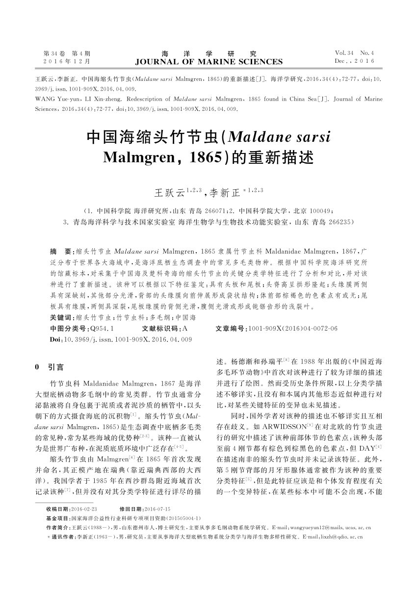 Pdf Redescription Of Maldane Sarsi Malmgren 1865 Found In China S Ea