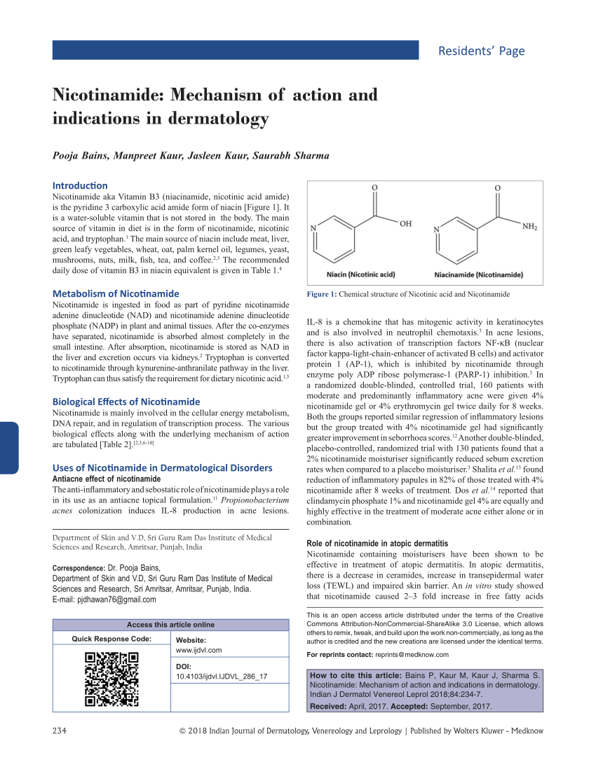 PDF Nicotinamide Mechanism of action and indications in dermatology