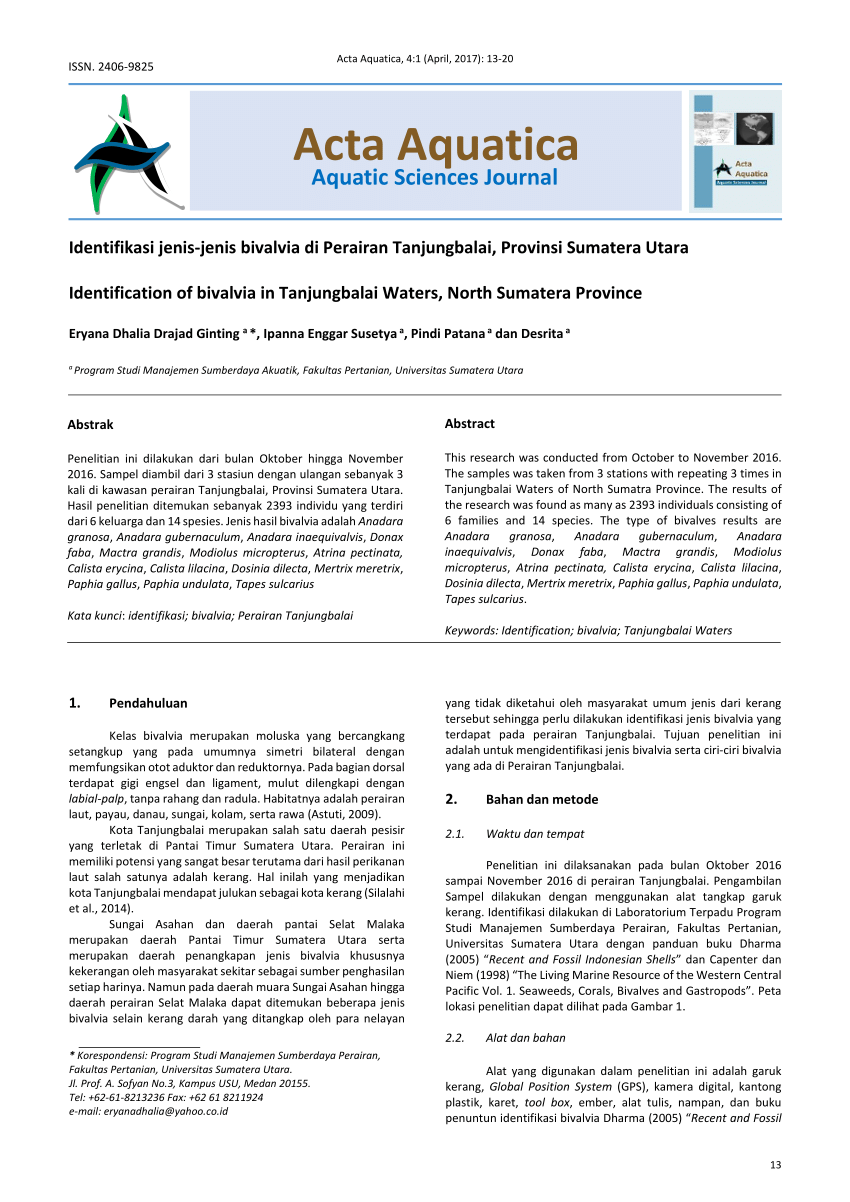 Pdf Identifikasi Jenis Jenis Bivalvia Di Perairan Tanjungbalai