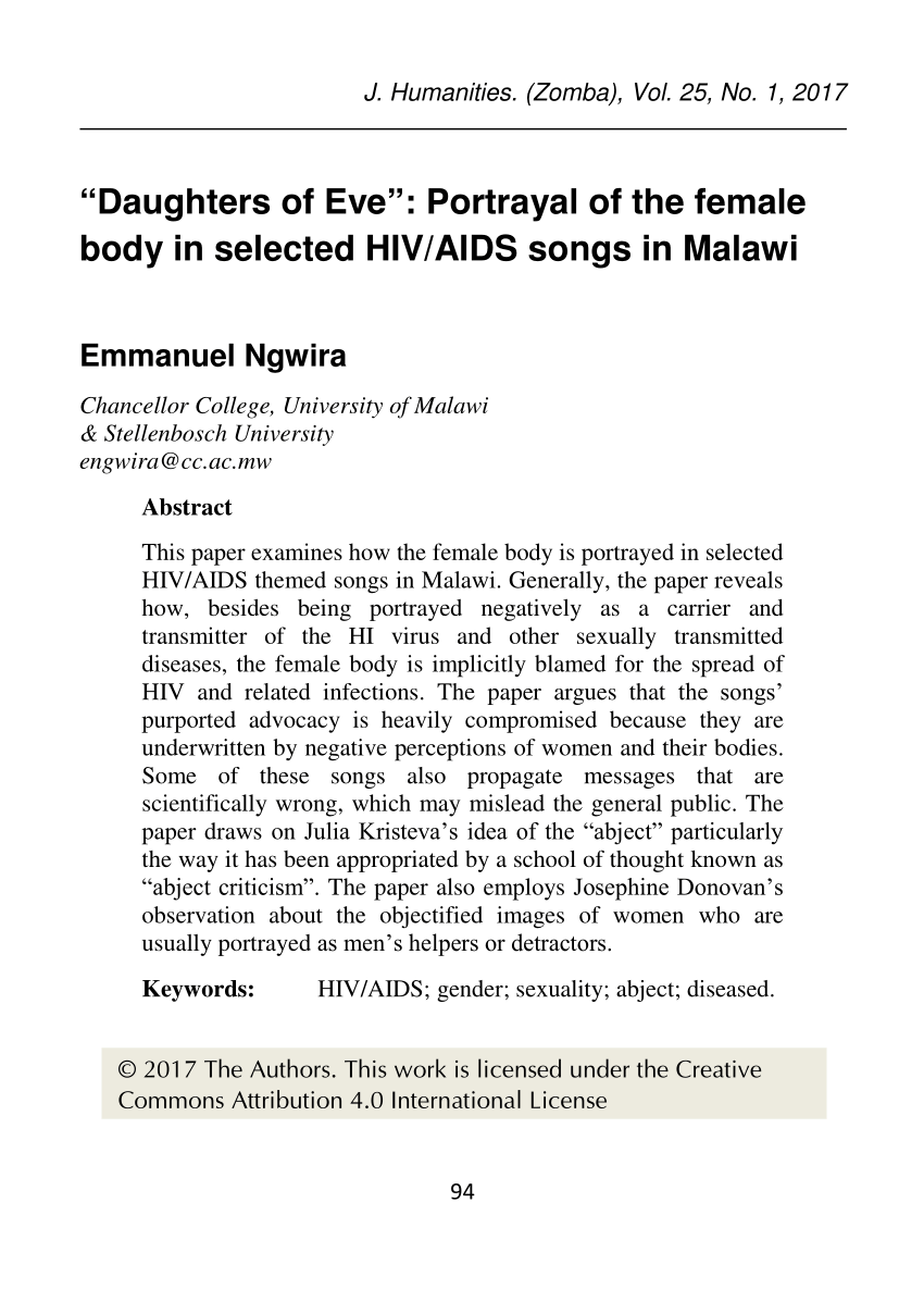 Pdf Daughters Of Eve Portrayal Of The Female Body In Selected Hiv Aids Songs In Malawi