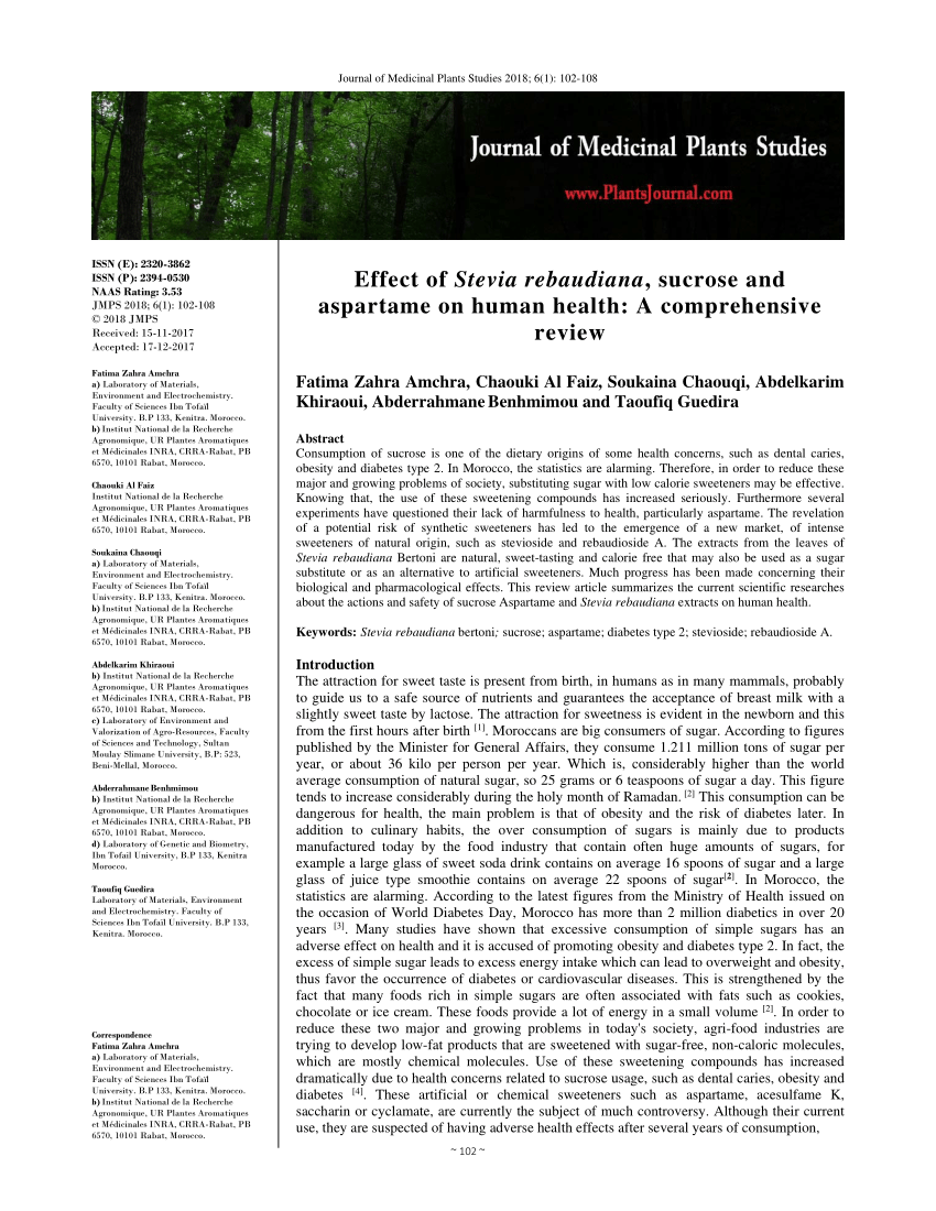 Pdf Effect Of Stevia Rebaudiana Sucrose And Aspartame On Human Health A Comprehensive Review