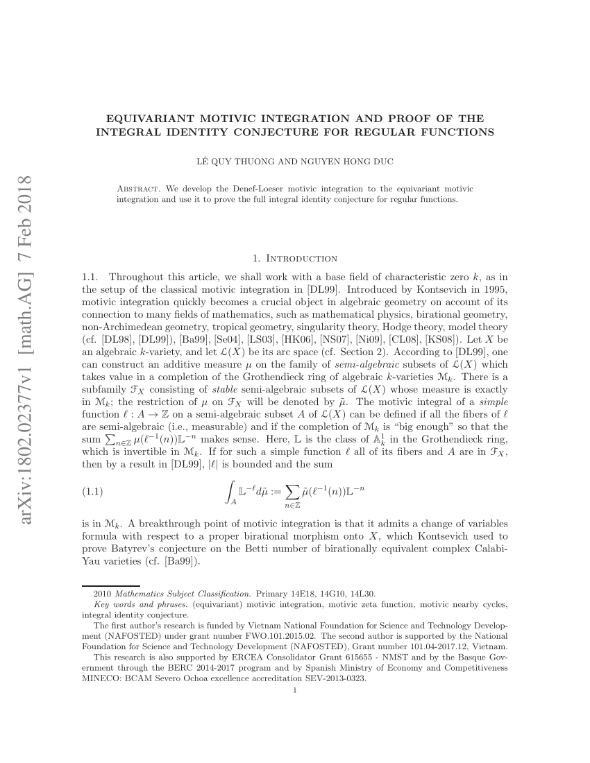 Pdf Equivariant Motivic Integration And Proof Of The Integral Identity Conjecture For Regular Functions