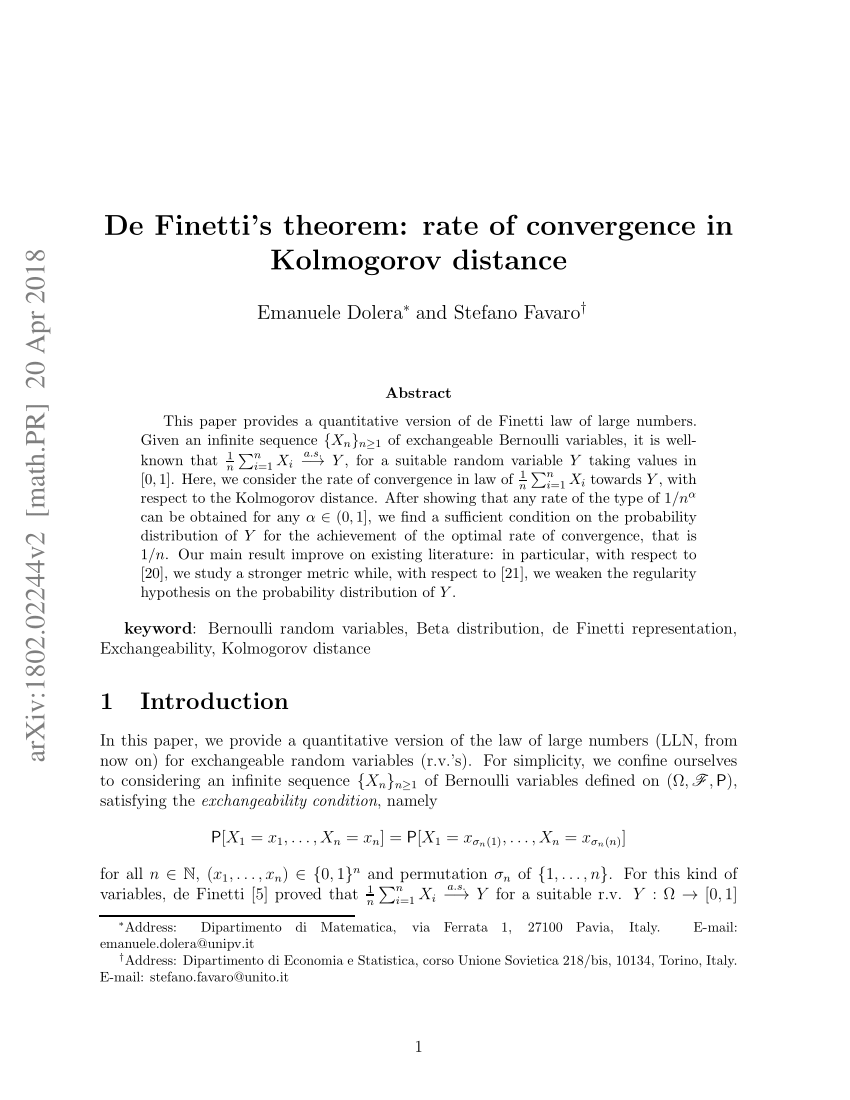 Pdf De Finetti S Theorem Rate Of Convergence In Kolmogorov Distance