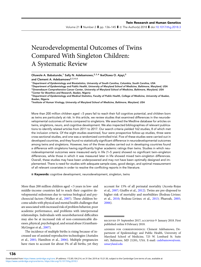 PDF) Neurodevelopmental Outcomes of Twins Compared With Singleton Children:  A Systematic Review