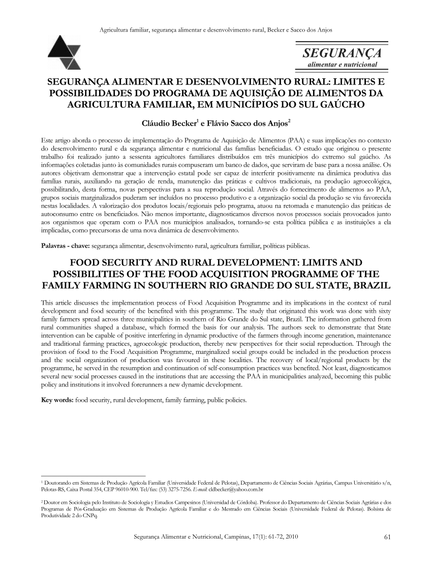 Pdf Segurança Alimentar E Desenvolvimento Rural Limites E Possibilidades Do Programa De 1610