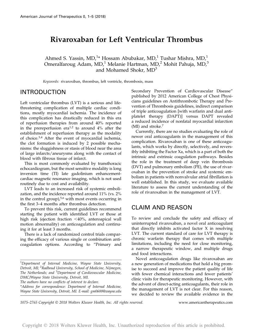 (PDF) Rivaroxaban for Left Ventricular Thrombus