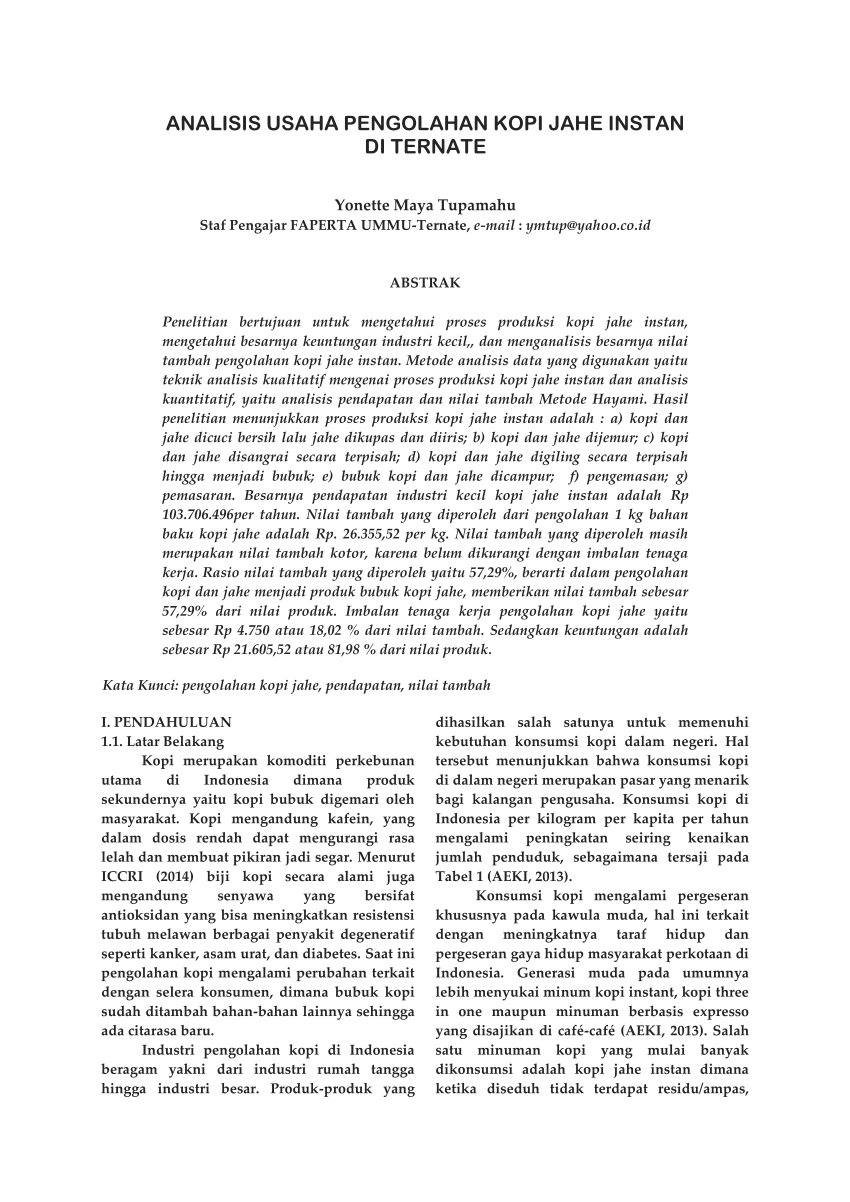 Pdf Analisis Usaha Pengolahan Kopi Jahe Instan Di Ternate