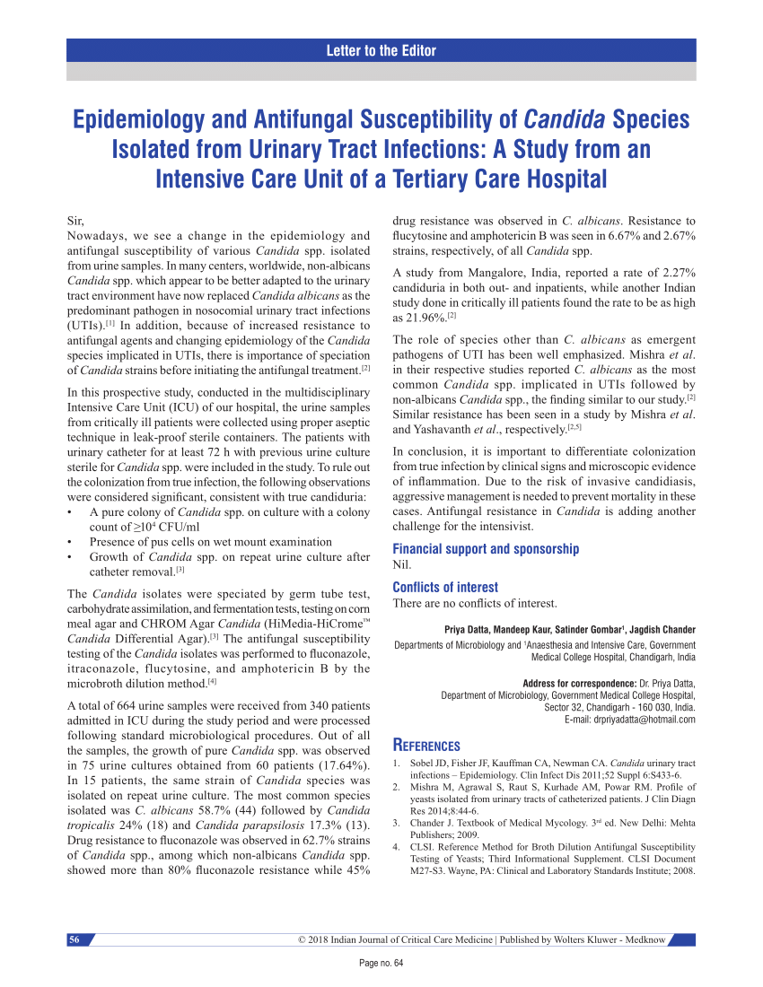 Pdf Epidemiology And Antifungal Susceptibility Of Candida Species Isolated From Urinary Tract 