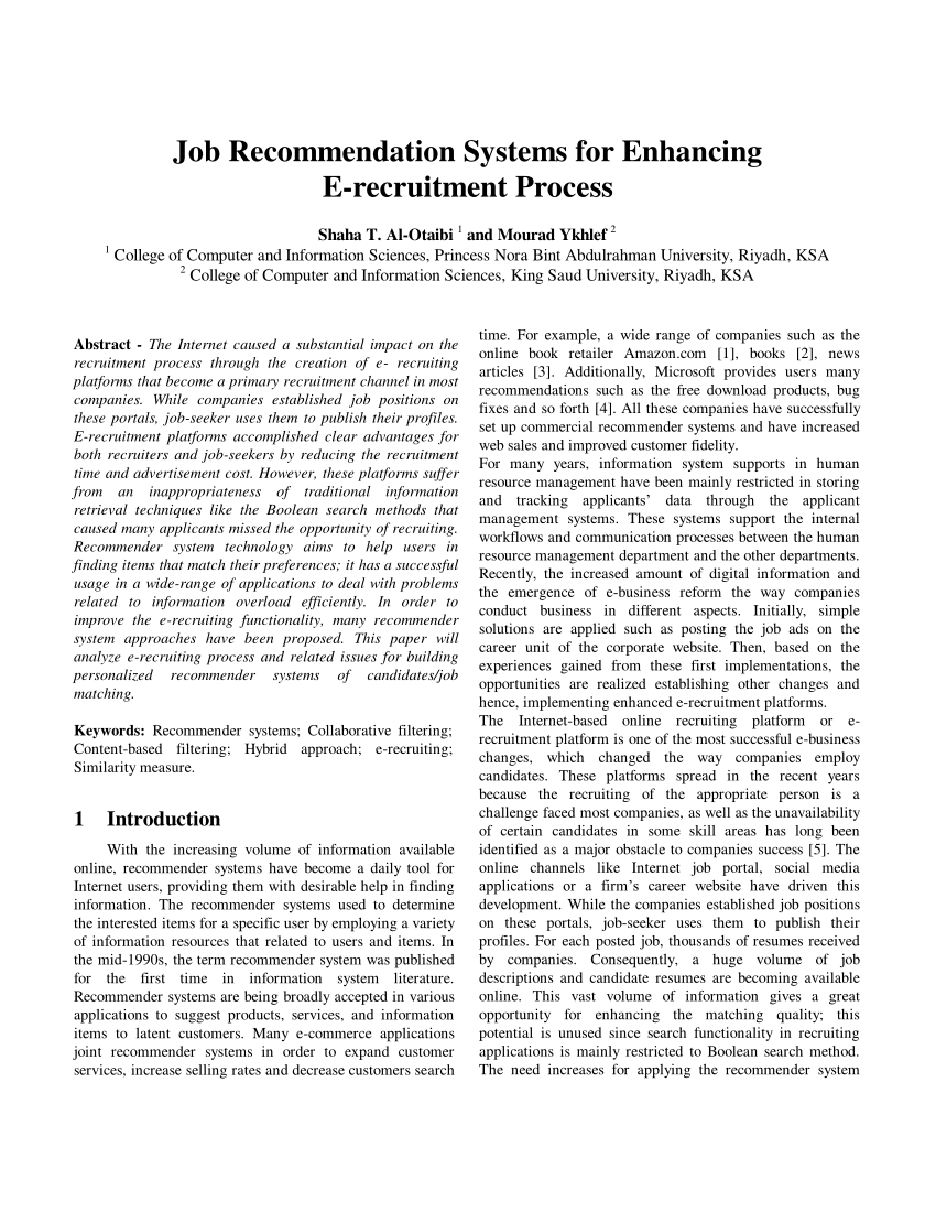 Pdf Job Recommendation Systems For Enhancing E Recruitment Process
