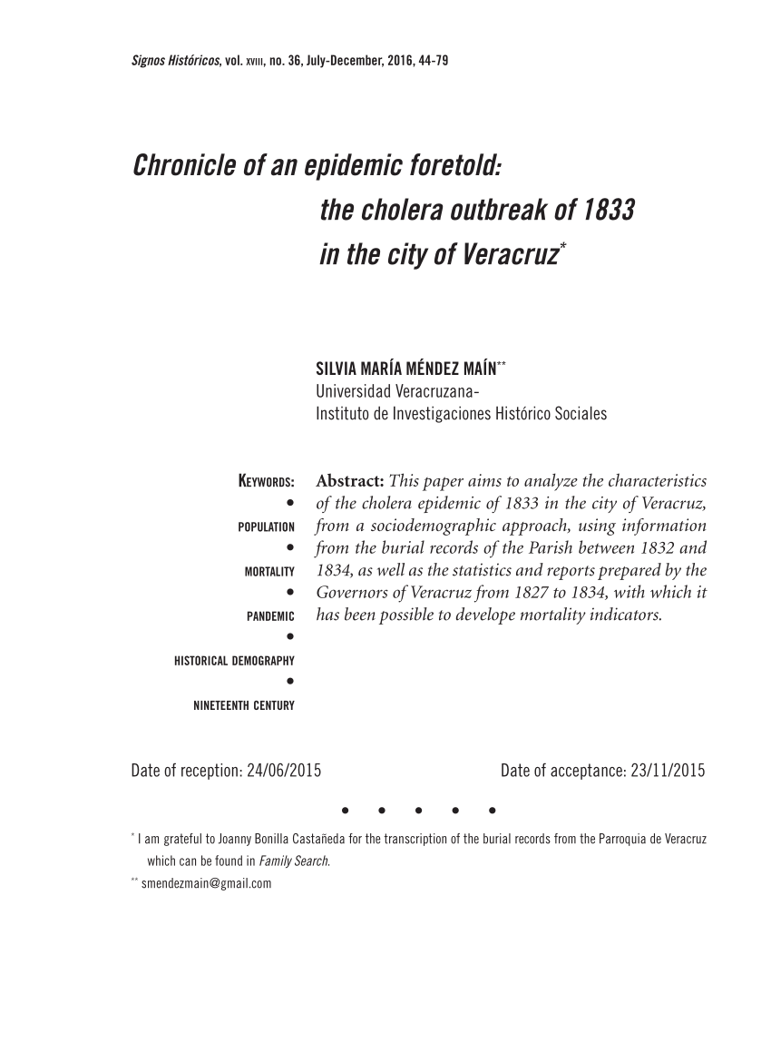 Pdf Chronicle Of An Epidemic Foretold The Cholera Outbreak Of 1833 In The City Of Veracruz