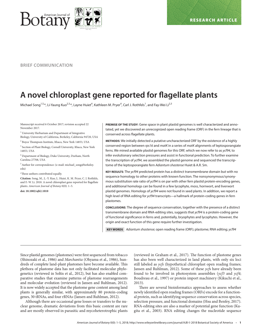 Pdf A Novel Chloroplast Gene Reported For Flagellate Plants