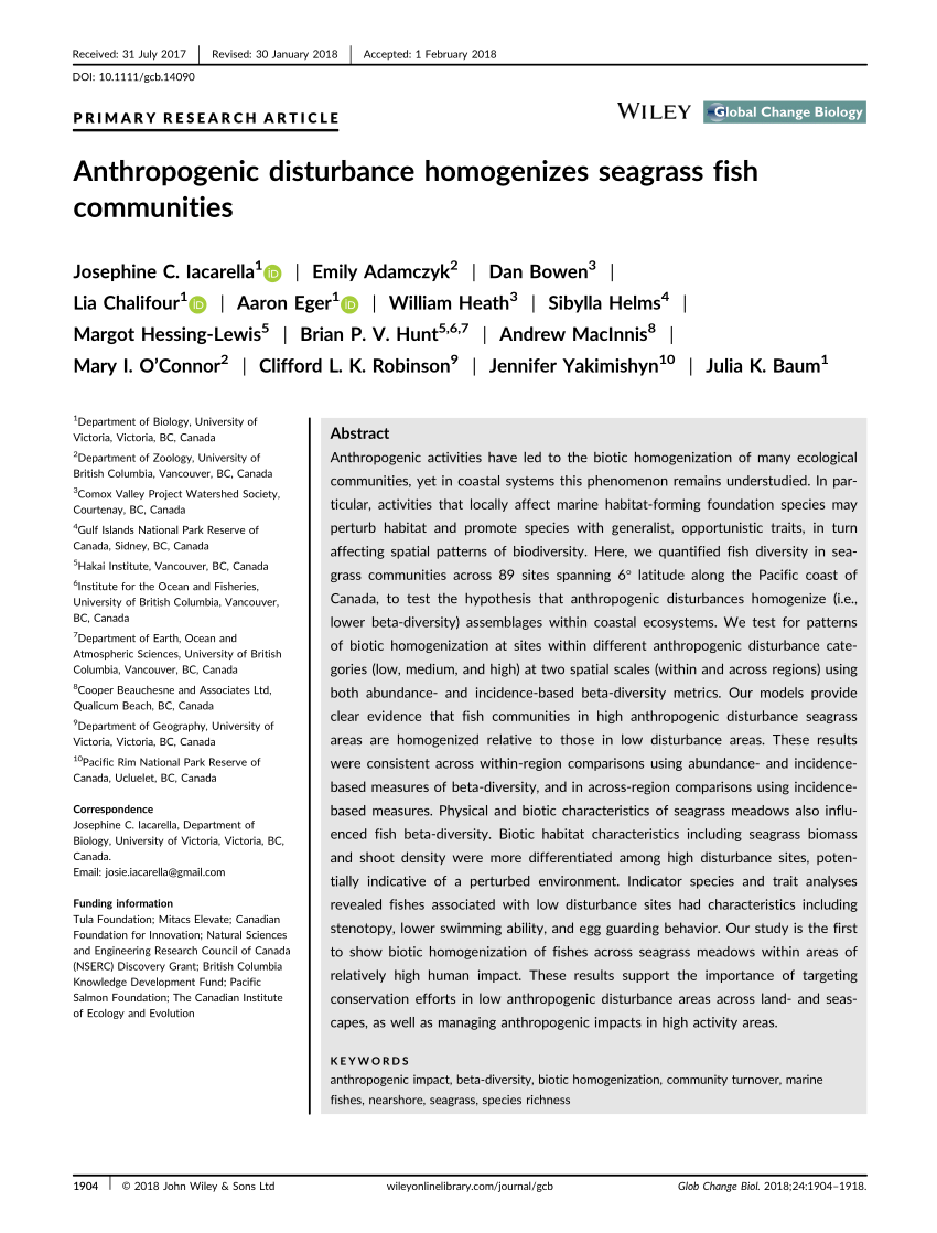 PDF) Anthropogenic disturbance homogenizes seagrass fish communities