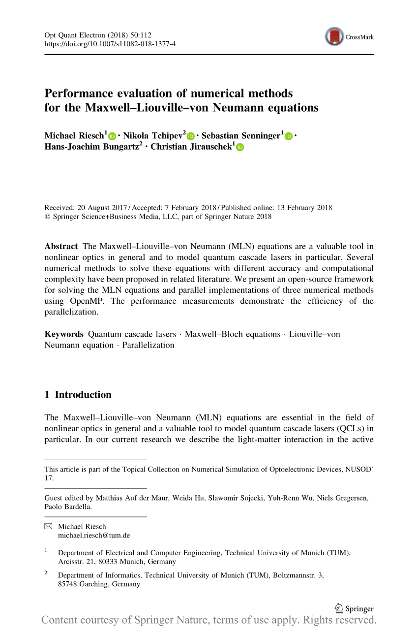 Performance evaluation of numerical methods for the Maxwell–Liouville ...