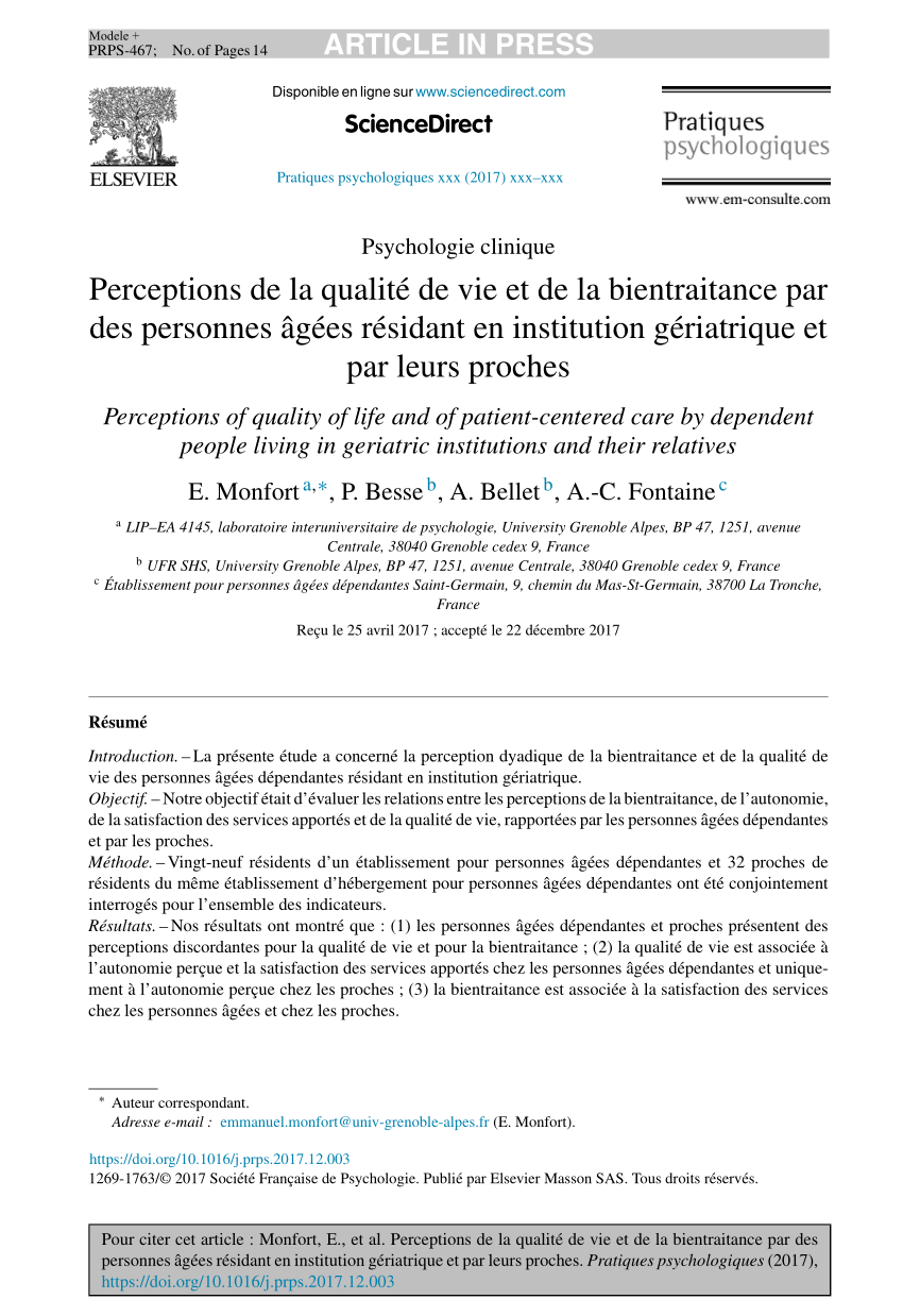 Pdf Perceptions De La Qualite De Vie Et De La Bientraitance Par Des Personnes Agees Residant En Institution Geriatrique Et Par Leurs Proches