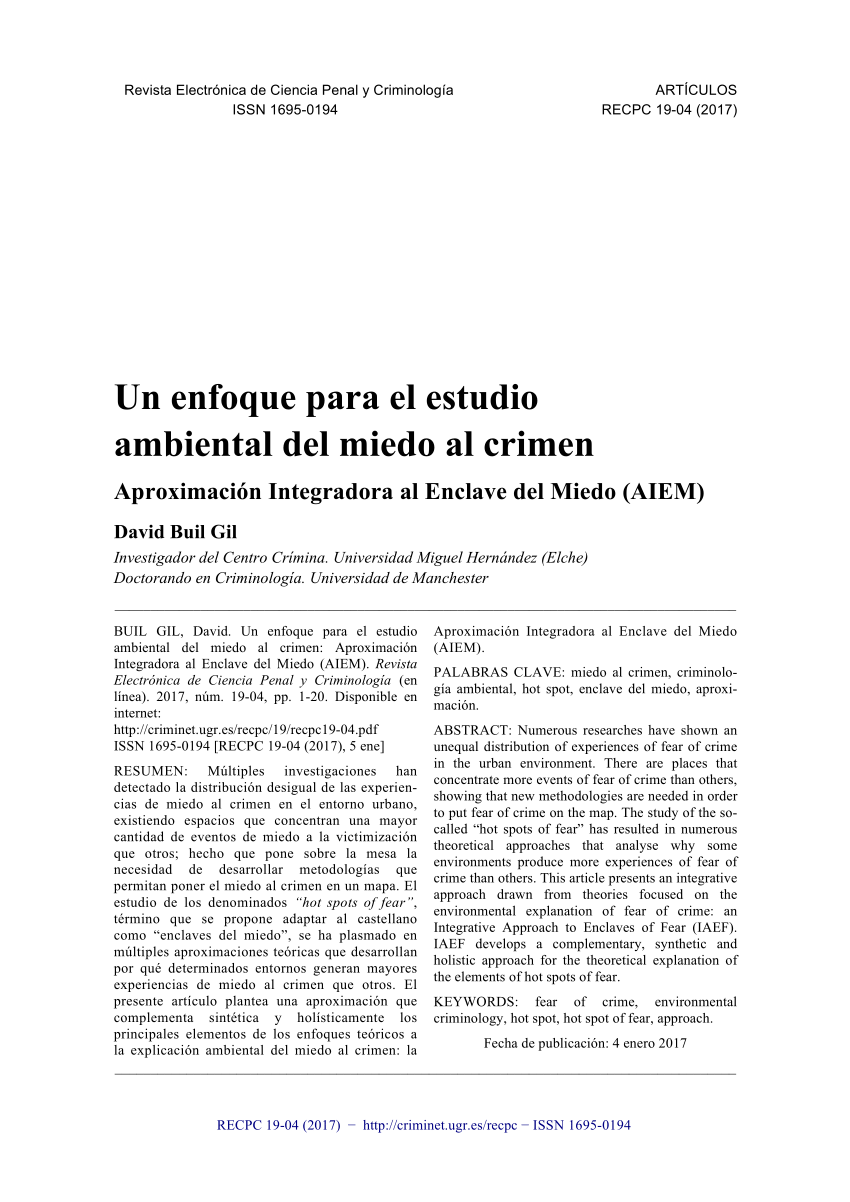 PDF) Un enfoque para el estudio ambiental del miedo al crimen. Aproximación  Integradora al Enclave del Miedo (AIEM)