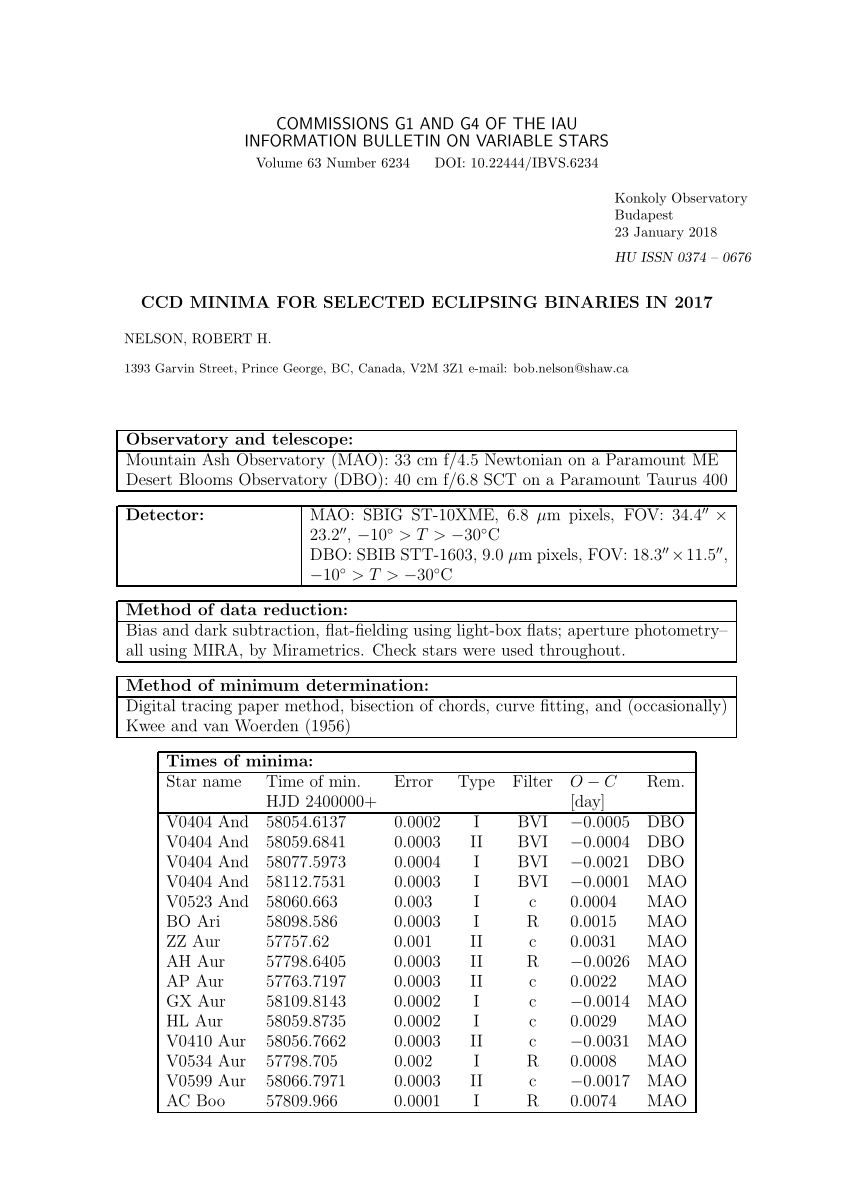 (PDF) CCD Minima for Selected Eclipsing Binaries in 2017