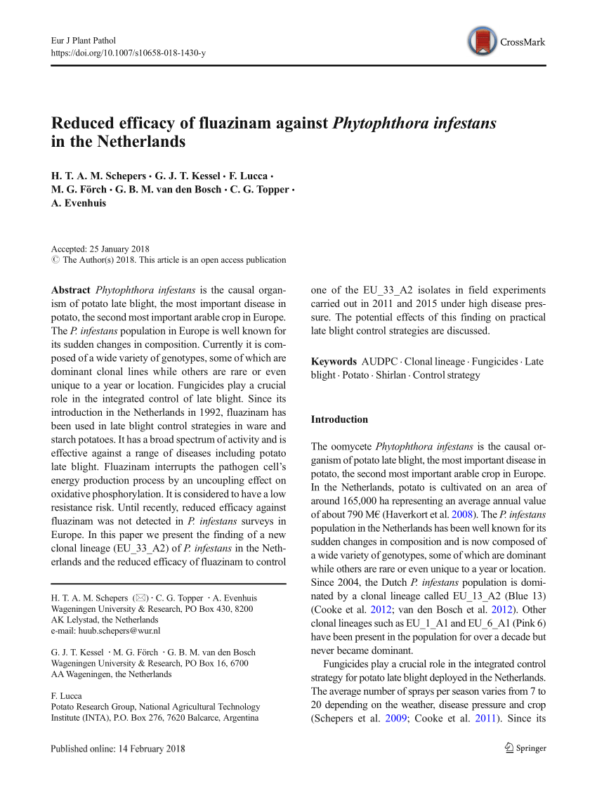 Pdf Reduced Efficacy Of Fluazinam Against Phytophthora Infestans In The Netherlands