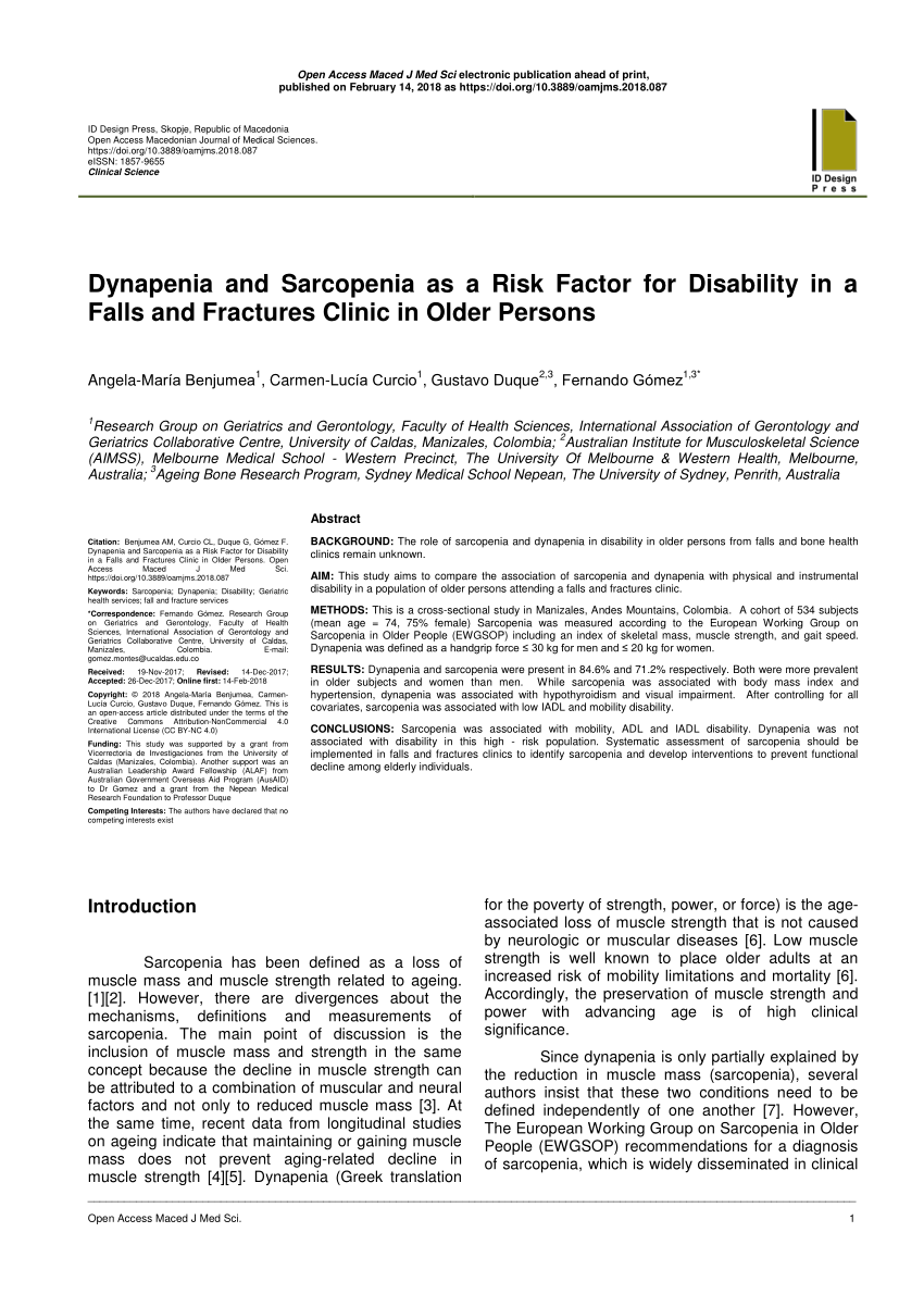 (PDF) Dynapenia and Sarcopenia as a Risk Factor for ...