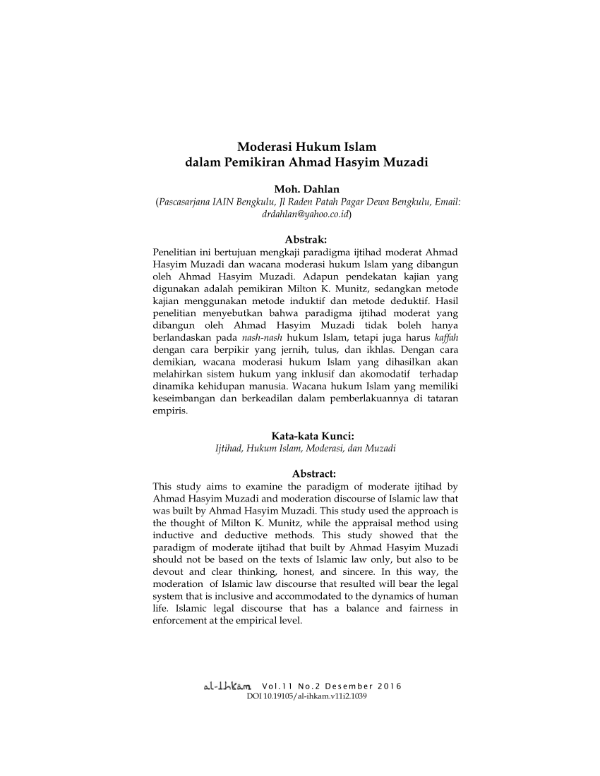 PDF Moderasi Hukum Islam Dalam Pemikiran Ahmad Hasyim Muzadi