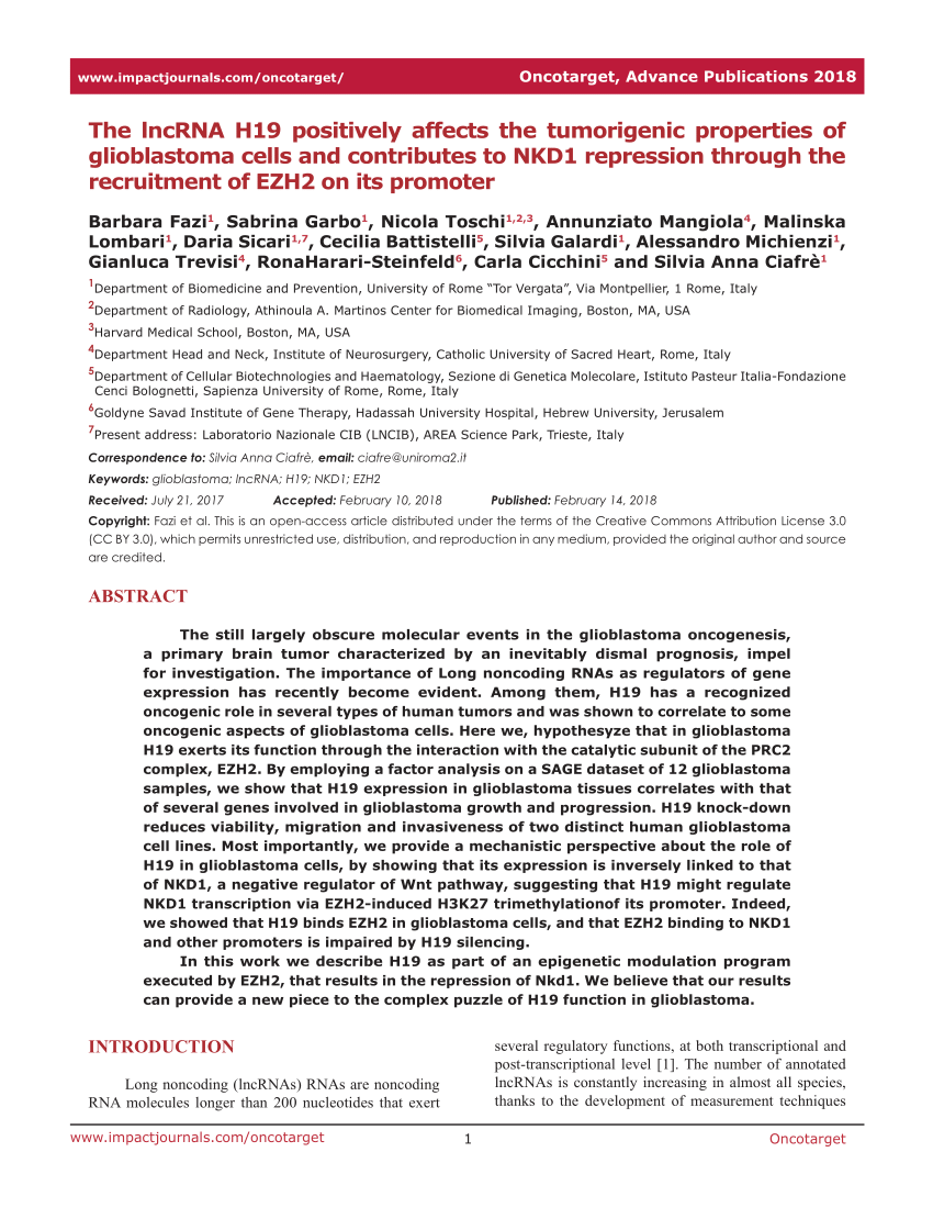 (PDF) The lncRNA H19 positively affects the tumorigenic properties of Sns-Brigh10