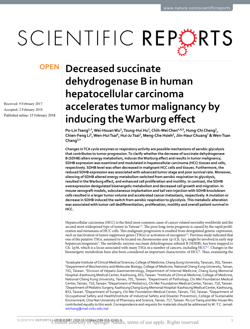 Pdf Decreased Succinate Dehydrogenase B In Human Hepatocellular Carcinoma Accelerates Tumor Malignancy By Inducing The Warburg Effect