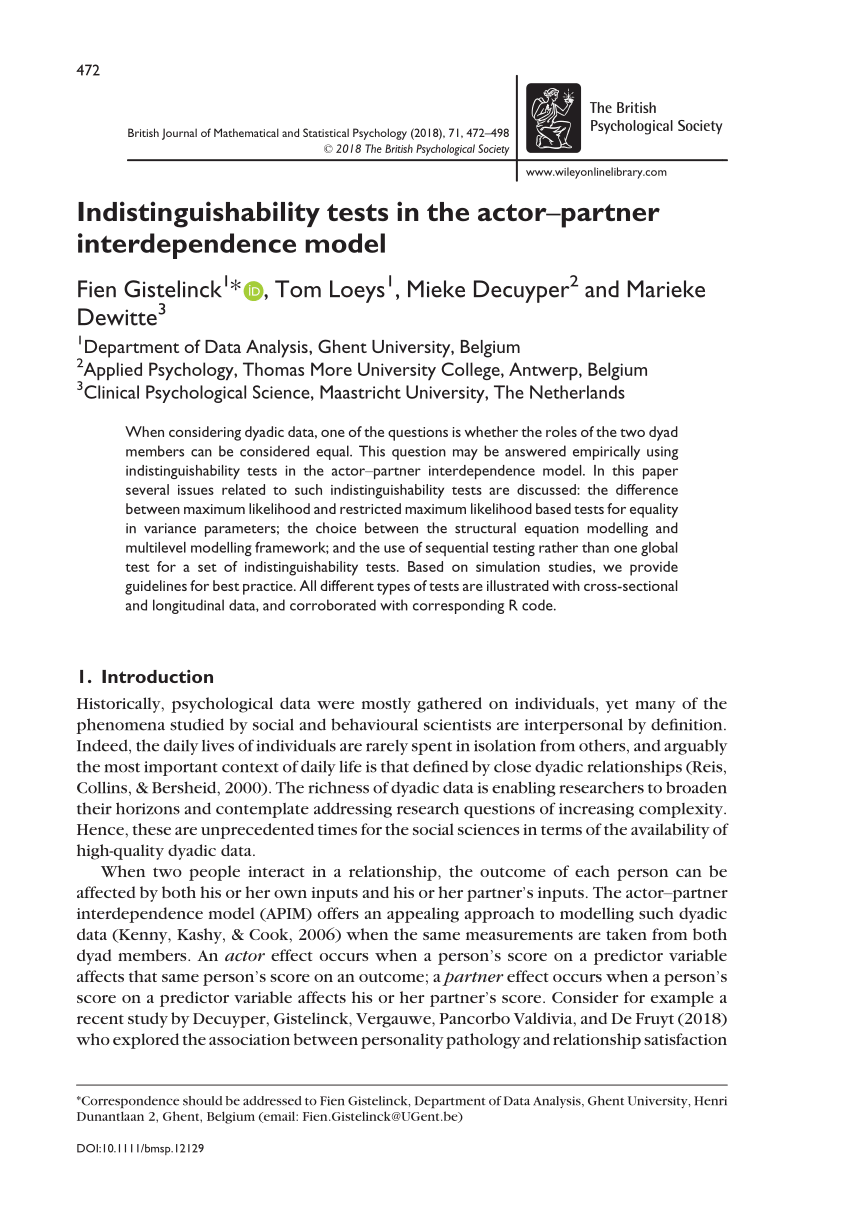 Pdf Indistinguishability Tests In The Actor Partner Interdependence Model