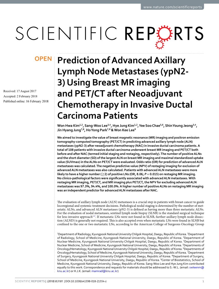 Pdf Prediction Of Advanced Axillary Lymph Node Metastases Ypn2 3 Using Breast Mr Imaging And 