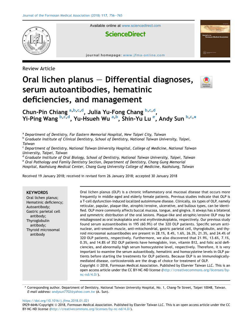 Pdf Oral Lichen Planus Differential Diagnoses Serum Autoantibodies Hematinic Deficiencies And Management