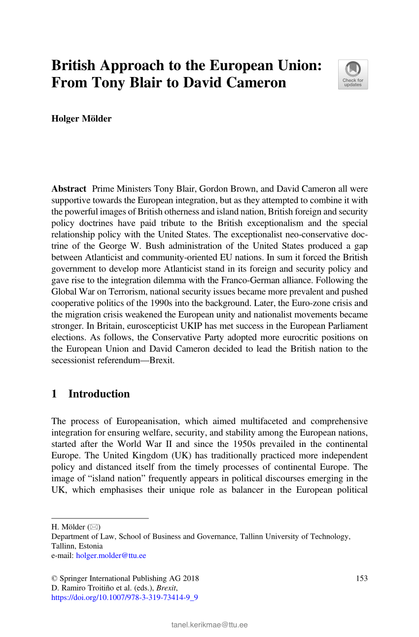 Pdf British Approach To The European Union From Tony Blair To David Cameron