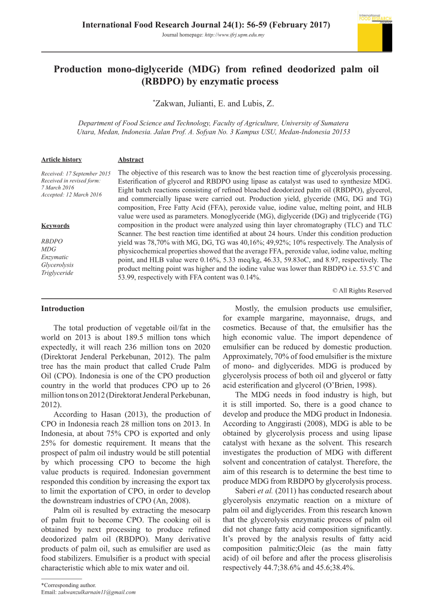 PDF) Production mono-diglyceride (MDG) from refined deodorized 