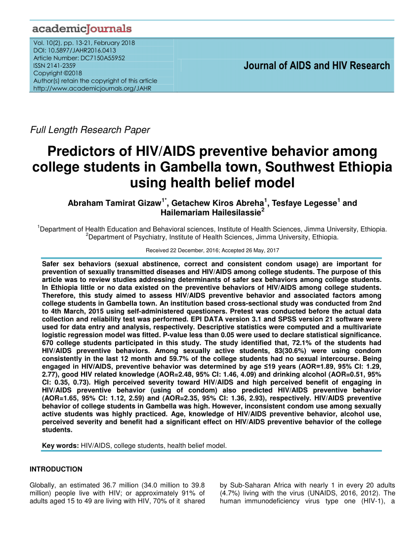 Pdf Journal Of Aids And Hiv Research Predictors Of Hiv Aids Preventive Behavior Among College