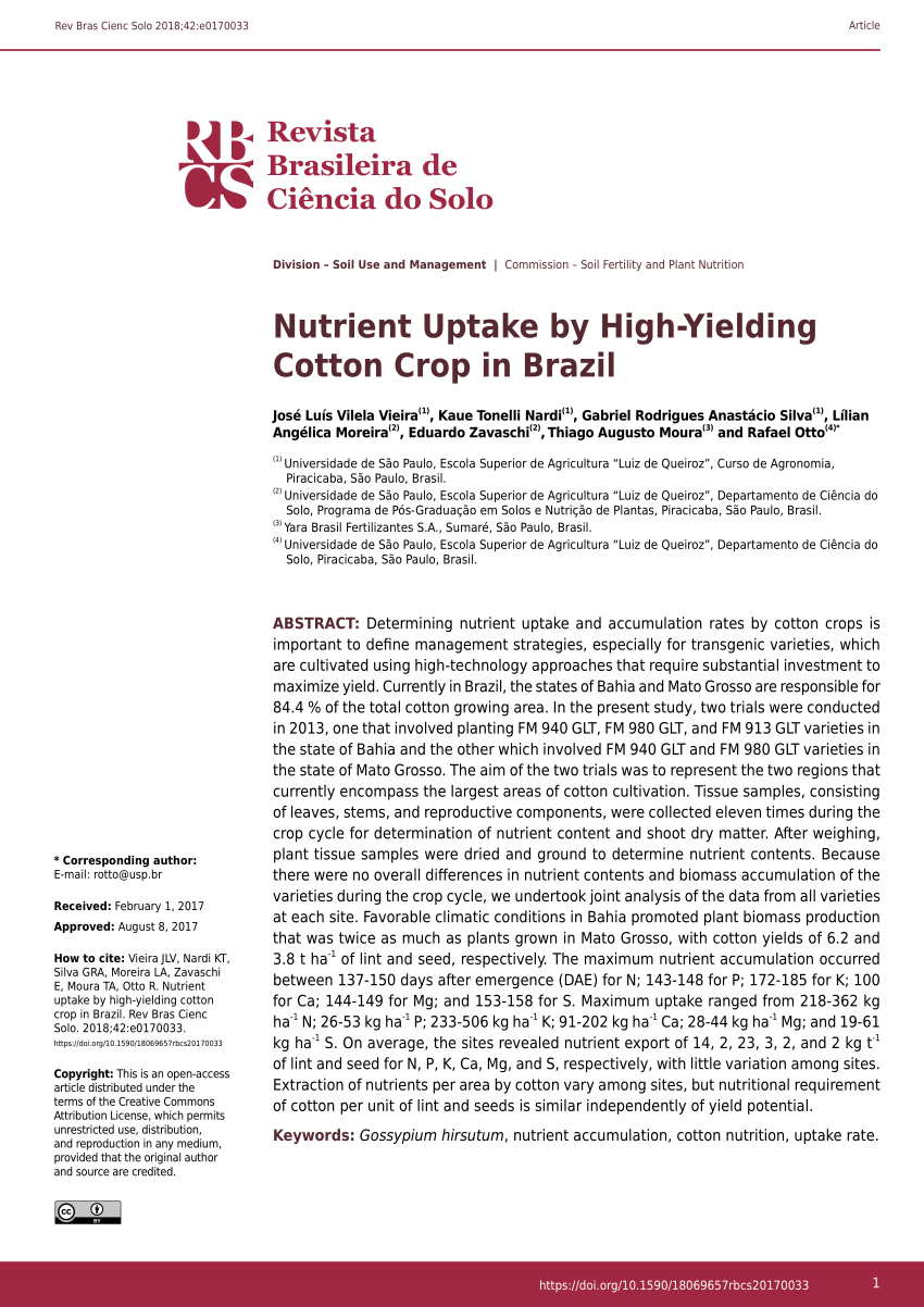 (PDF) Nutrient Uptake by High-Yielding Cotton Crop in Brazil