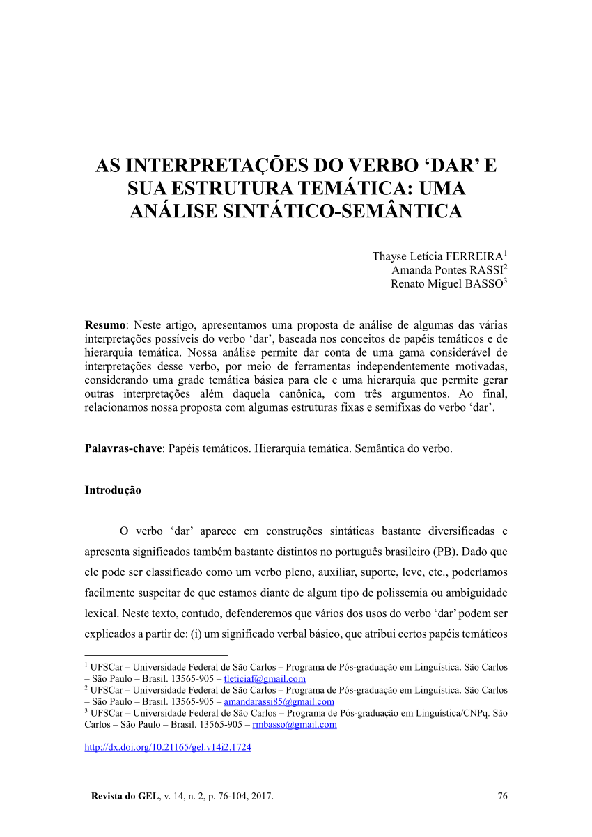 PDF) AS INTERPRETAÇÕES DO VERBO 'DAR' E SUA ESTRUTURA TEMÁTICA: UMA ANÁLISE  SINTÁTICO-SEMÂNTICA